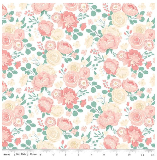 At First Sight by Riley Blake Designs - Pink Roses on White Background