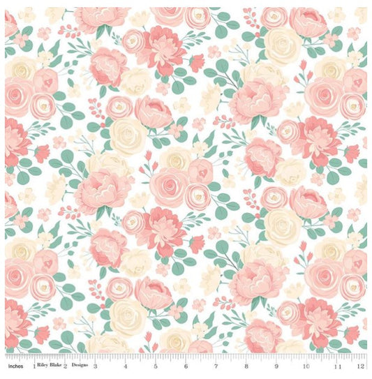 At First Sight by Riley Blake Designs - Pink Roses on White Background