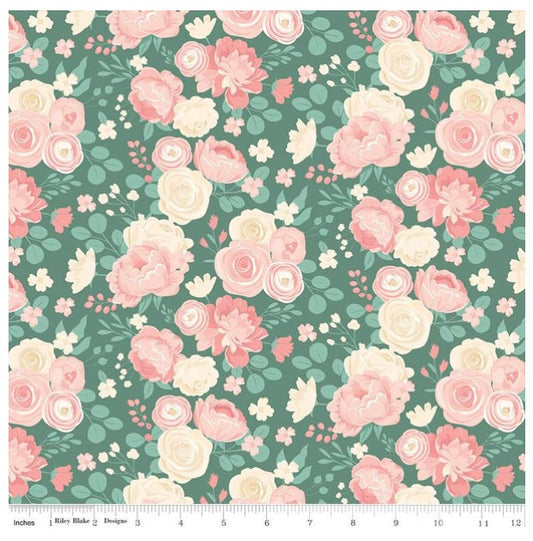 At First Sight by Riley Blake Designs - Pink Roses on Green Background